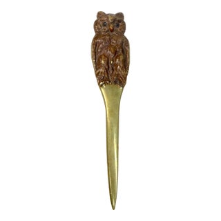 Quality Antique Cold Painted Heavy Brass Figural Owl Desk Article Letter Opener For Sale