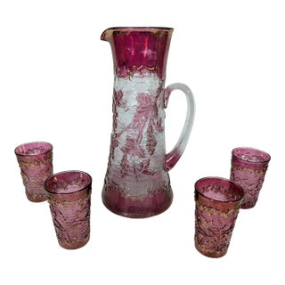 Rare Antique Harrach Jewel Cameo Glass Pitcher and Glasses, Cranberry Stain, Gold Gilt, 1900 For Sale