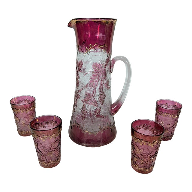 Rare Antique Harrach Jewel Cameo Glass Pitcher and Glasses, Cranberry Stain, Gold Gilt, 1900 For Sale