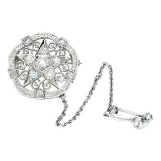 Mid 20th Century 18k White Gold Brooch With Star Motif and European Cut Diamonds For Sale