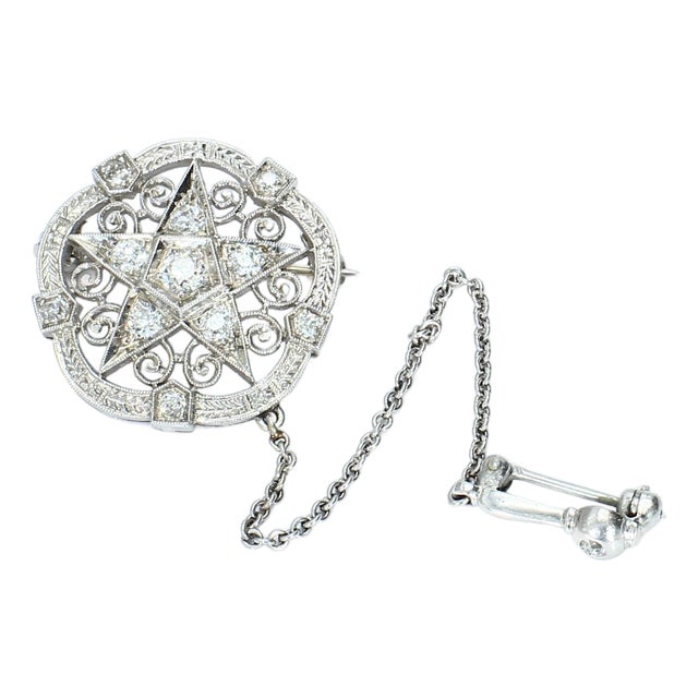 Mid 20th Century 18k White Gold Brooch With Star Motif and European Cut Diamonds For Sale