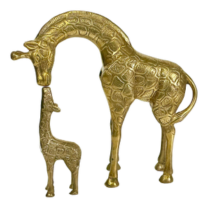 1960s Vintage Hollywood Regency Boho Chic Brass Giraffe With Calf Sculpture - Set of 2.