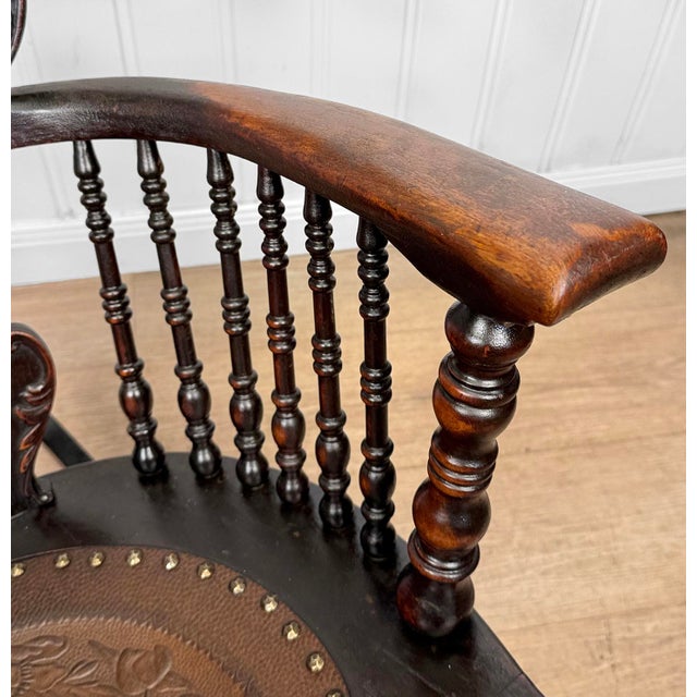 Antique Victorian Carved Oak & Leather Tufted Rocking Chair For Sale - Image 13 of 15