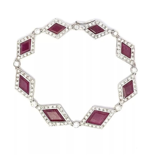 Contemporary Diamond Gemstone Bracelet 14k White Gold Rhombus Link Vintage For Sale - Image 3 of 8