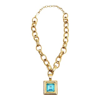 Vintage Givenchy Brass Chain and Link Necklace With Turquoise Glass Pendant Medallion For Sale