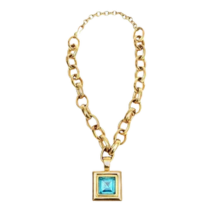 Vintage Givenchy Brass Chain and Link Necklace With Turquoise Glass Pendant Medallion
