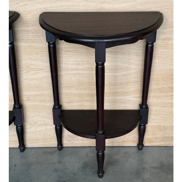 Early 20th Century Pair of Dark Wood Narrow Demilune Convertible Nightstands with Low Shelve For Sale - Image 4 of 18