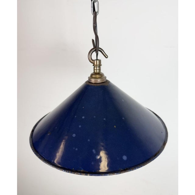 British Industrial Dark Blue Enamel Factory Pendant Lamp, 1950s For Sale - Image 6 of 15