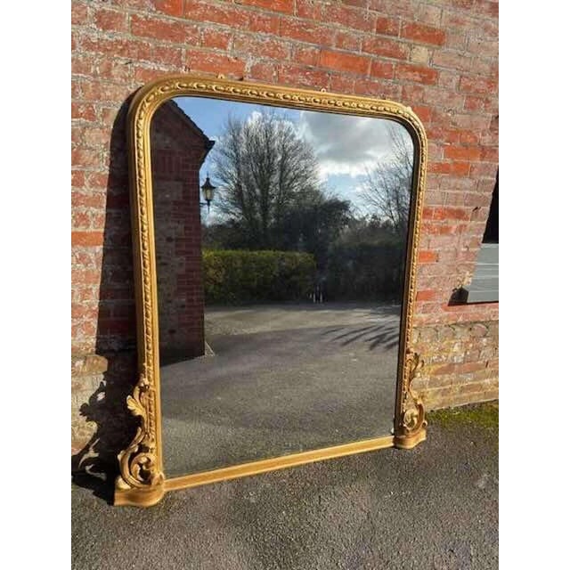 Glass Large Antique English Arched Top Gilt Overmantle Mirror, 19th Century For Sale - Image 7 of 8