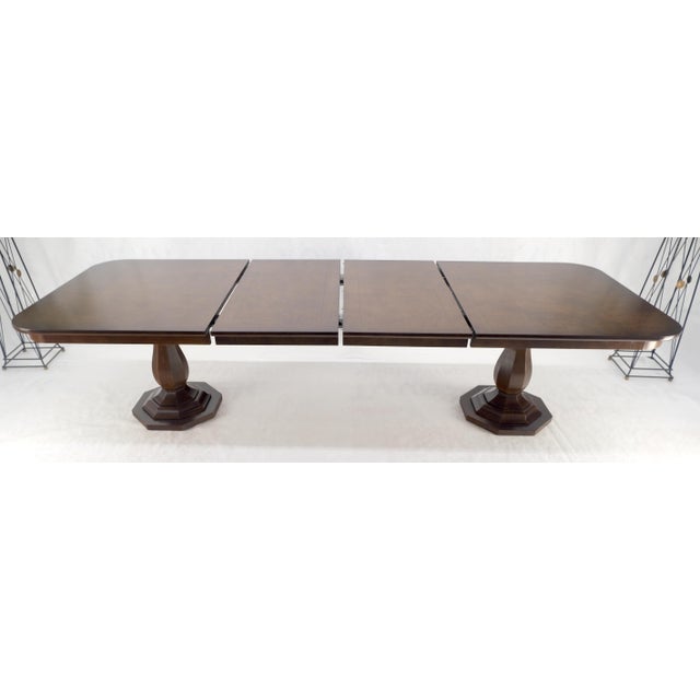 Wood Henredon Double Pedestal Legs 76" Long Burl Wood Dining Table 2x22 Leafs For Sale - Image 7 of 12