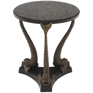 Bronze Triple Dolphins Base Granite Top Round Side End Table Pedestal