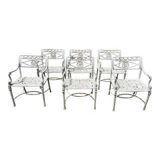 Set of 6 Vintage Cast Aluminum Outdoor Star and Dolphin Armchairs For Sale