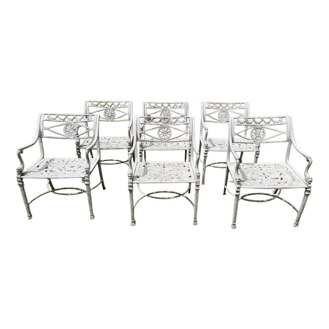 Set of 6 Vintage Cast Aluminum Outdoor Star and Dolphin Armchairs For Sale