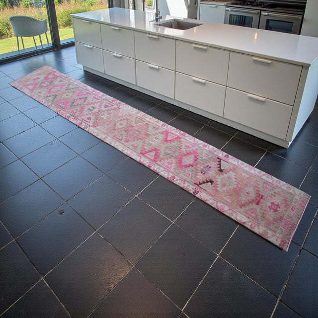 Mid-Century Modern 1970s Hand-Knotted Turkish Runner Rug Tribal Narrow Long Runner - Sun Faded Shaved Pile - 2′2″ × 13′ For Sale - Image 3 of 13