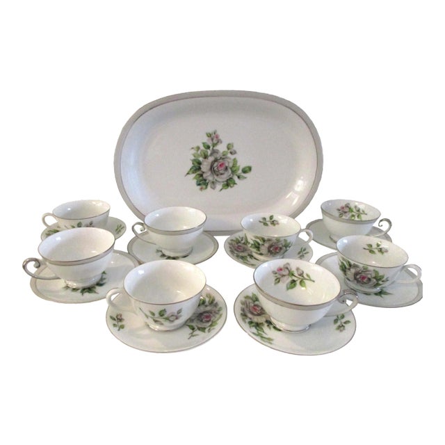 1950s Jyuto White Rose Porcelain Tea Set - 19 Pieces For Sale