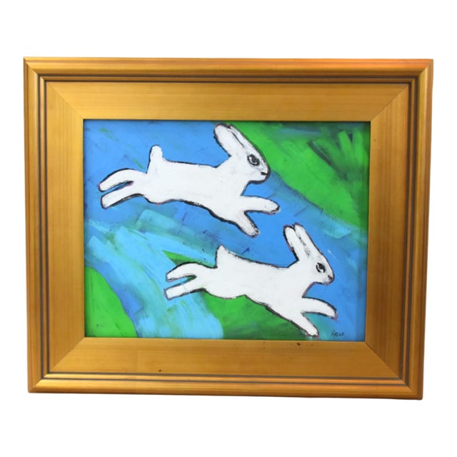 Original Folk Art Bunnies Rabbits Hare Painting by Ruth Arenz Including the Antiqued Gold Wood Fame For Sale
