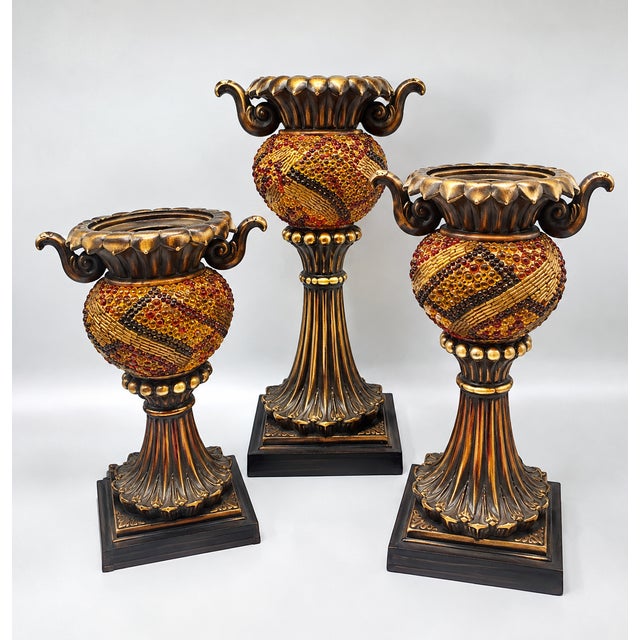 Vintage Jeweled Mosaic Pedestal Bowl and 3 Candleholders Gold Amber For Sale - Image 13 of 13