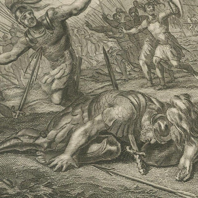 Pieter Mortier, Death of Saul and the Men of Jabesh Recover His Body, Pieter 1700, Engraving For Sale - Image 4 of 12