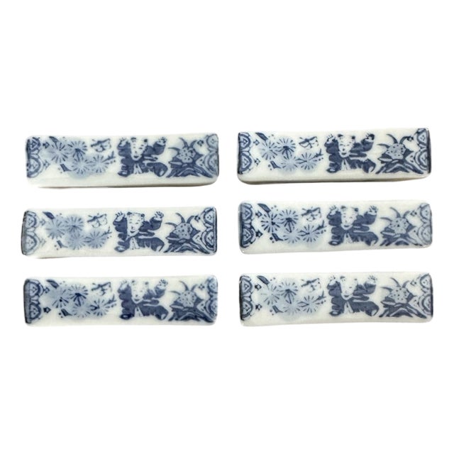 Vintage Japanese Blue & White Ceramic Chopstick Rests, a Set of 6 For Sale