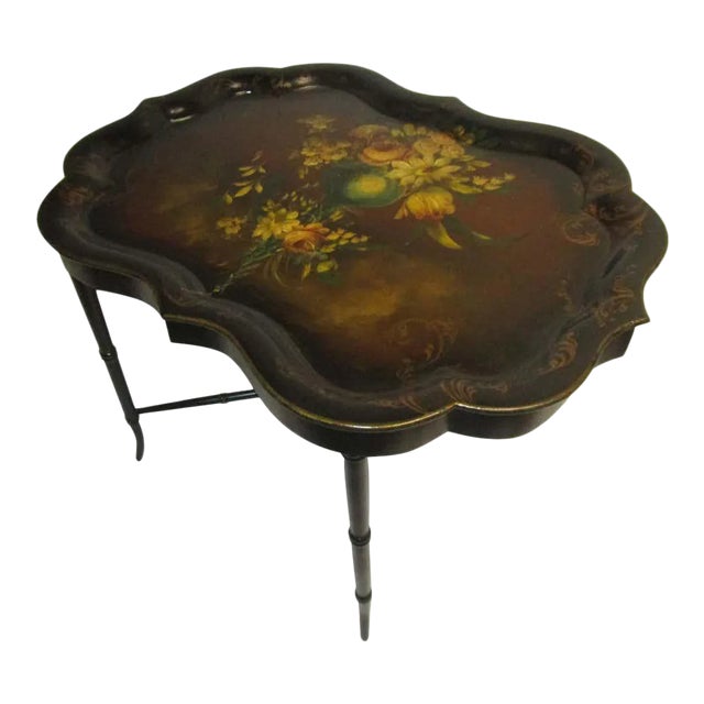 19th Century Papier Mâché Scalloped Hand Painted Tray Table For Sale