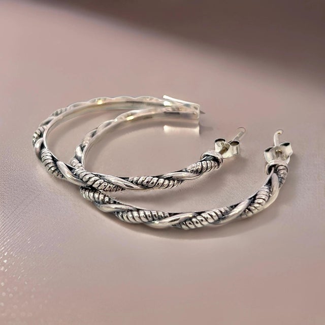 1990s 1990s Pair of John Hardy Estate "Jai" Hoop Earrings 1.75" Silver For Sale - Image 5 of 10
