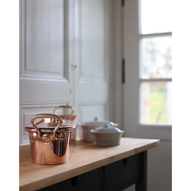 A wonderful antique circa mid-late 1800s French copper fish poacher with rolled rim, brass handles, and tinned lining. In...