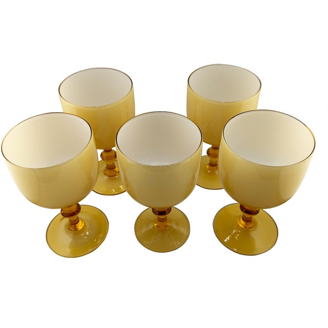 Mid-Century Modern 1970s Italian Amber and Cased Opaline Glass Wine Goblets Carlo Moretti - Set of Five For Sale - Image 3 of 9