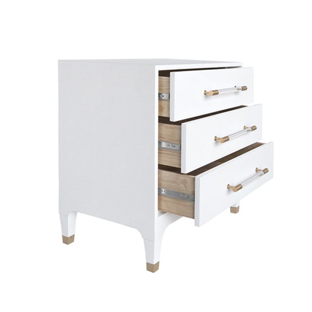 Worlds Away Matthew Izzo Home Amber White Textured Linen Three Drawer Side Table With Acrylic and Antique Brass Drawer Pulls and Ferrules For Sale - Image 4 of 8