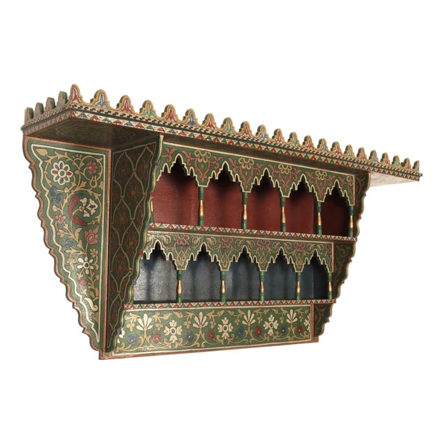 Vintage Moroccan Hand Painted Wall Mounted Three Tiered Spice Shelf / Bracket For Sale
