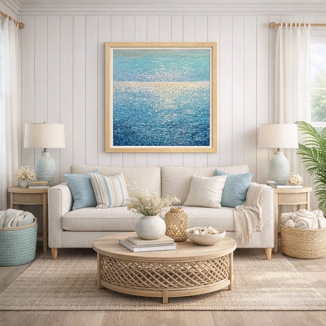 Contemporary Large Original Seascape Blue Ocean Coastal Original Oil Painting, Framed 40x40 For Sale - Image 3 of 7