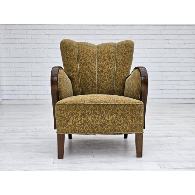 1960s, Danish armchair in original very good condition: no smells and no stains. Light green cotton/wool furniture fabric....