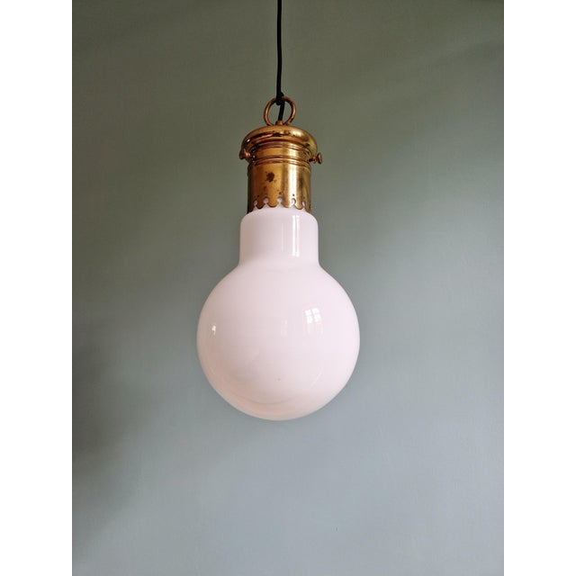 Large Mid-Century Bulbous Pendant Light in White Opaline with Brass Mount, 1940s For Sale - Image 12 of 13