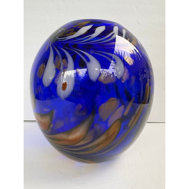 Contemporary Mid 20th Century Cobalt Blue Art Glass Vase With Multicolor Swirls and Gold Sparkle, Murano Style For Sale - Image 3 of 7
