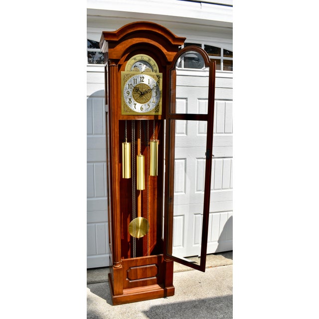 Vintage Daneker Grandfather Clock Cherry Moon Phase Chime Beveled Glass For Sale - Image 13 of 18