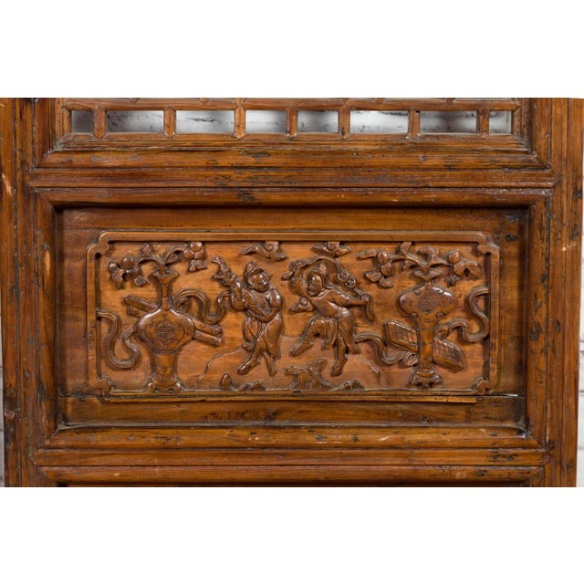 Chinese Chinese 19th Century Screens with Fretwork and Low-Relief Carved Panels - A Pair For Sale - Image 3 of 12
