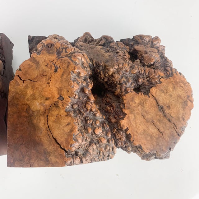 Large Vintage Pair Unique Burl Wood Carved Sculptural Book Ends Mid Century MCM For Sale - Image 4 of 12