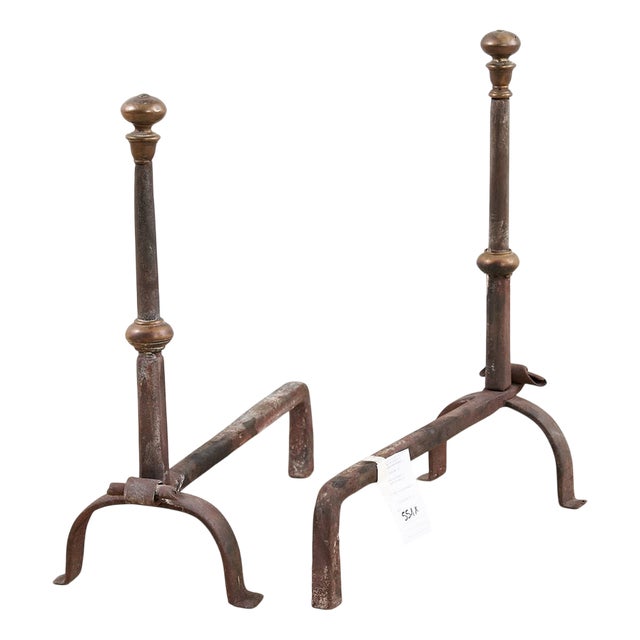 Antique Wrought Iron Andirons, 1890s, Set of 2 For Sale