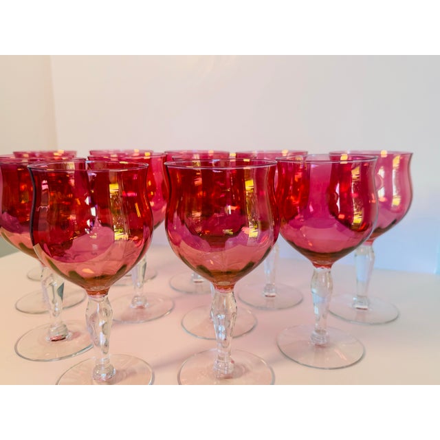 1960s Vintage 1960s Cranberry Iridescent Glass Wine Stems, Set of 12 For Sale - Image 5 of 7