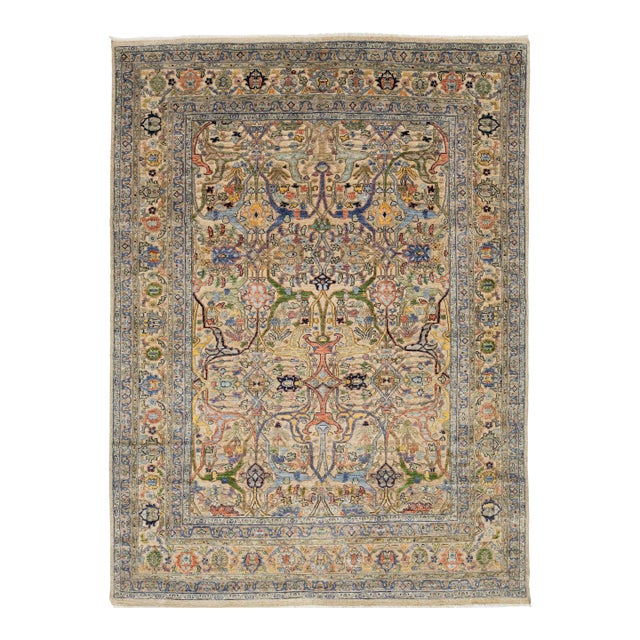 Hand-Knotted Modern Bidjar Hi-Lo Textured Rug Beige Wool Rug Floral & Vine Motif For Sale