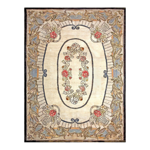 Amazing Ivory Ground Color Wiht Flower Details in the Center in a Medallion/Crest Design American Hooked Rug