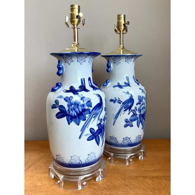Blue Vintage Glazed Ceramic Blue and White Lamps - A Pair For Sale - Image 8 of 12