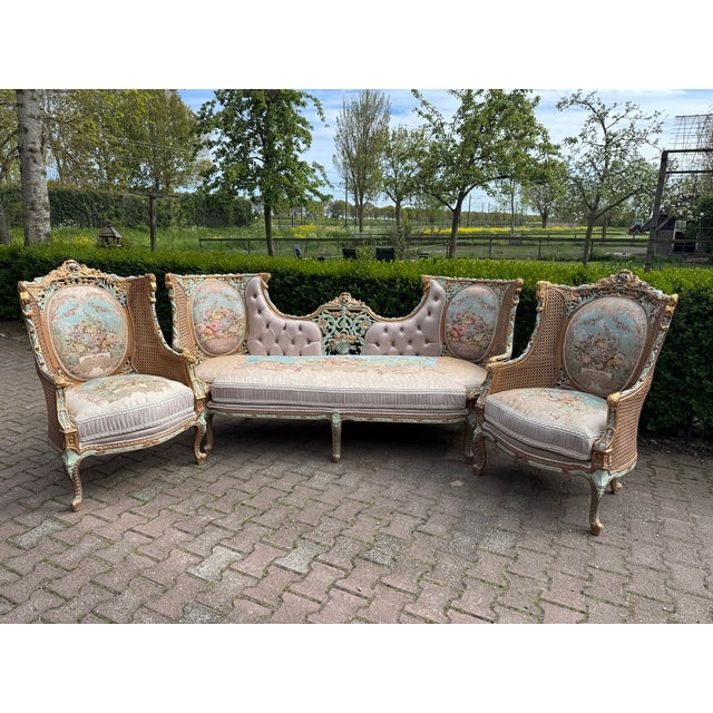 1940 French Louis XVI Pastel Cane Sofa Set - 3 Pc For Sale - Image 18 of 18