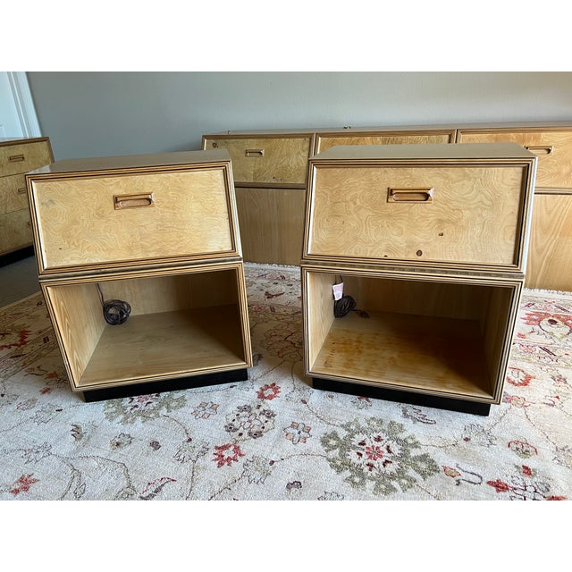 Pair of Vintage Henredon Scene Two Burlwood matching Nightstands featuring distinctive “floating” upper cabinet for...