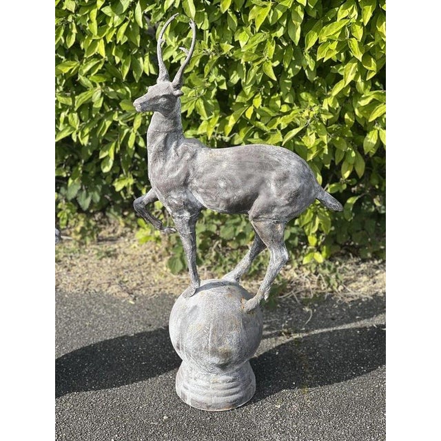 Gold Cast Iron Stag Deer on Ball Garden Finial Sculptures, Set of 2 For Sale - Image 8 of 12