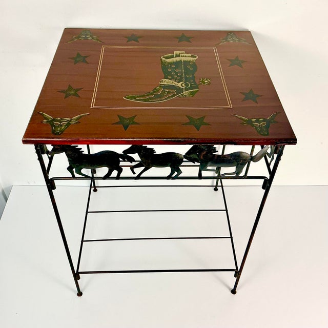 This is a delightful Southwestern Americana Metal and Wood Side Table. The metal frame features an apron with three cutout...