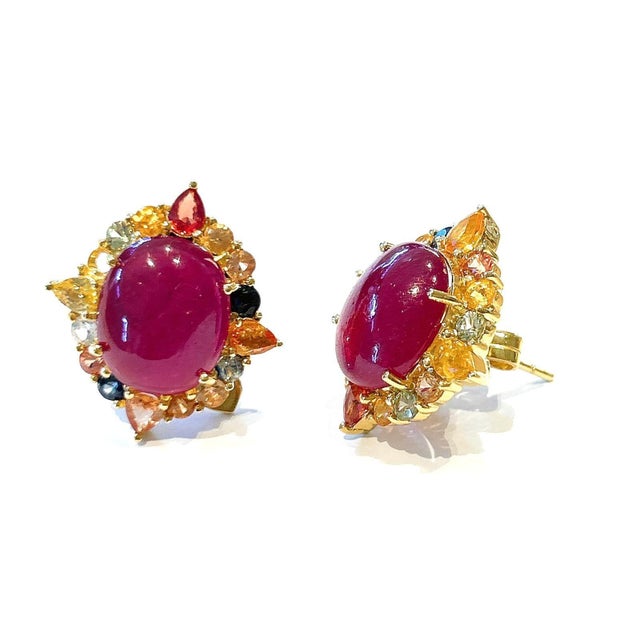 Bochic “Capri” Vintage Ruby & Multi Pastel Tourmaline Earrings Set In 18K Gold & Silver For Sale - Image 9 of 11