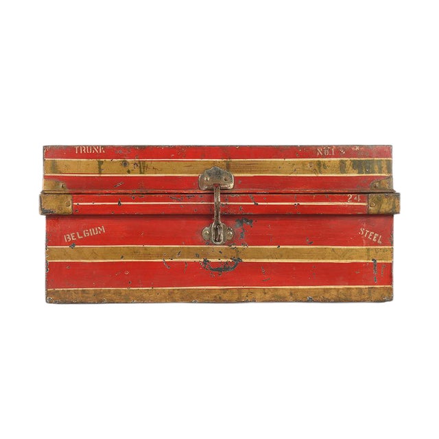 Red Metal Travel Trunk, 1940s For Sale