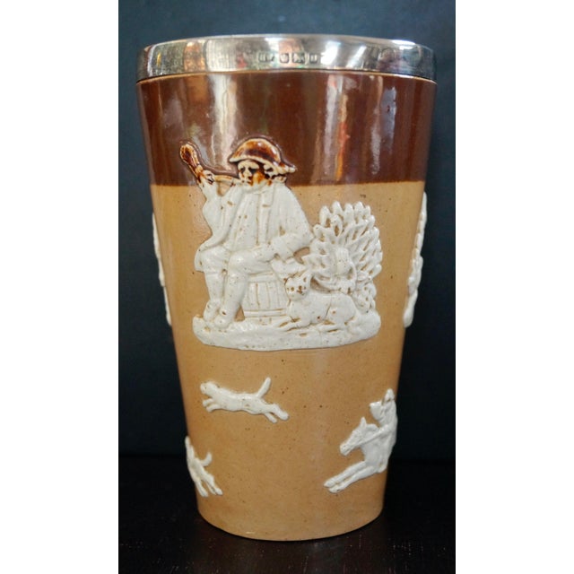 Antique Royal Doulton Harvest Hunt Beaker with Silver Rim, 1896 For Sale - Image 3 of 6