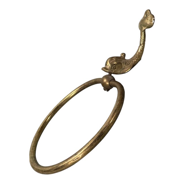 Vintage Brass Finish Figural Dolphin Koi Fish Wall Hanging Towel Ring Holder For Sale