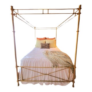 Vintage Hammered Iron Gold Criss Cross Design Regency Queen Size Canopy Bed Frame For Sale